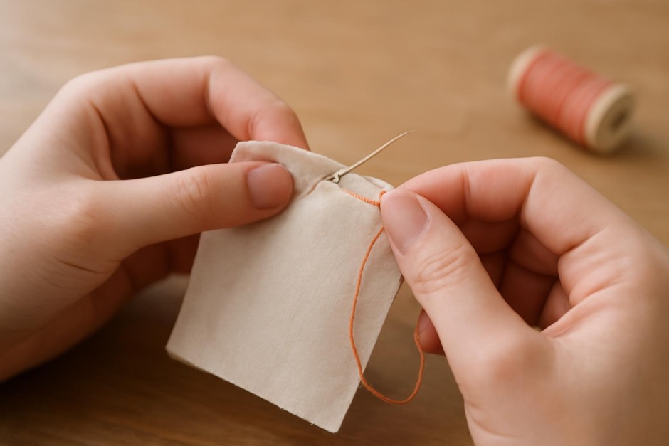 Close-up of hands doing simple hand-stitches on a small piece of fabric